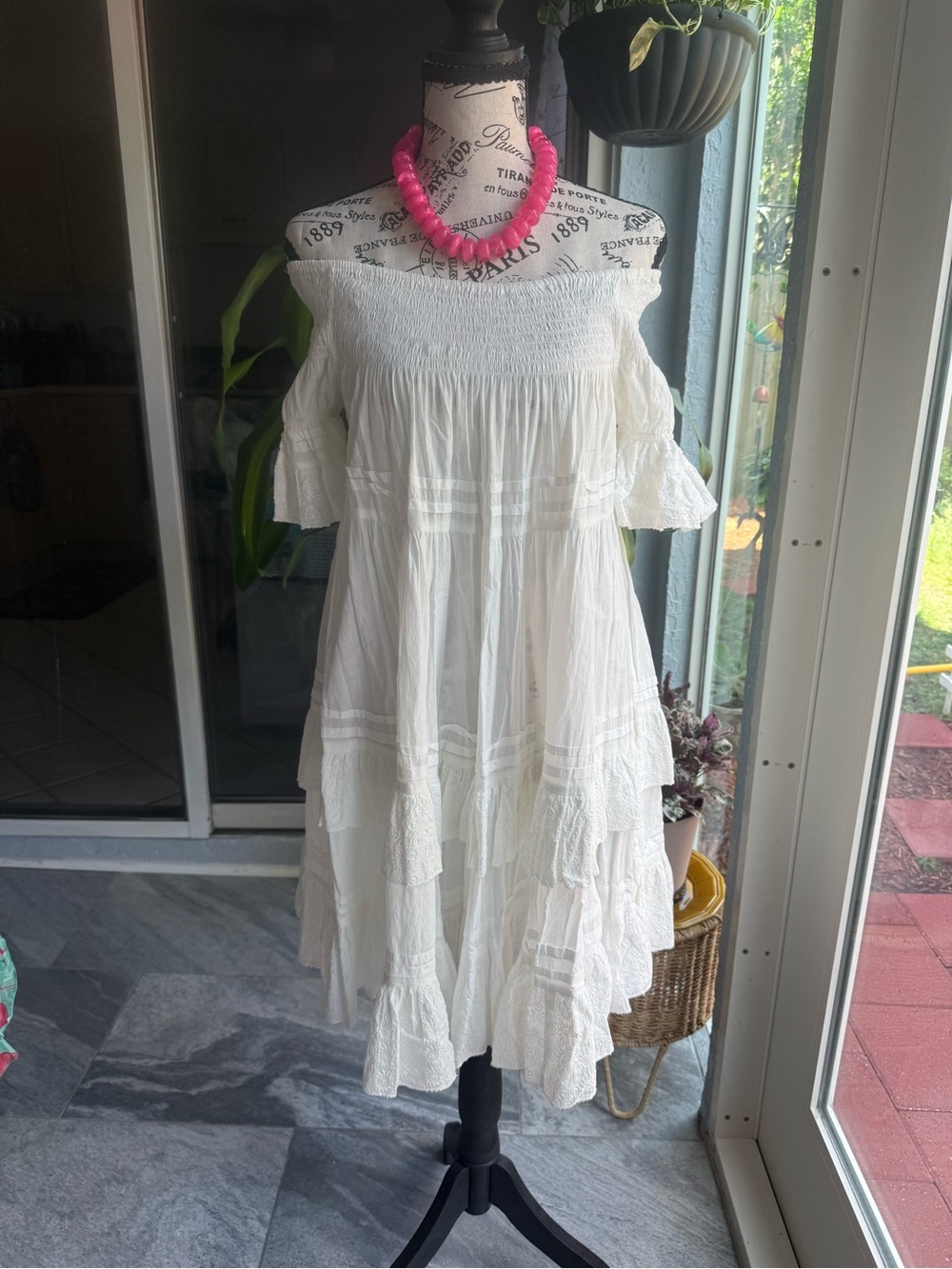 Off-Shoulder Mini Dress  White Tiered Cotton Dress